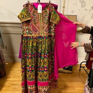 Vibrant Multicolor Embroidered Afghan Dress with Pink Pants and Pink Shawl